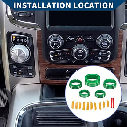 AC Air Conditioner Gear Shift Headlight Media Control Switch Knob Cover for Dodge for RAM 13-17 / Interior Trim/Stylish Aluminum Alloy / 5 Pcs Green - color: Green