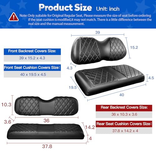 Golf Cart Seat Covers for Club Car Precedent, Vinyl Front&Rear Seat Cover with Flip-Up Armrests kit, with Cup Holder, for 1" Square Tube (Black&Black Stitching)