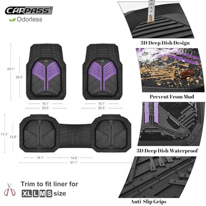 CAR PASS Heavy Duty Rubber Car Mats, Deep-Dish Car Floor Mats All Weather, Universal Two-Tone Trim-to-Fit for SUVs Trucks Sedans, Waterproof Anti-Slip, 3 Pieces V12 Black and Metallic Purple - color: Black and Purple
