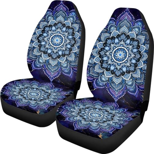 INSTANTARTS Blue Mandala Car Seat Covers 2 Piece Polyester Front Bucket Seat Protectors, Boho Style Soft & Durable, Universal Fit for Most Cars SUVs Sedan - color: Blue Mandala