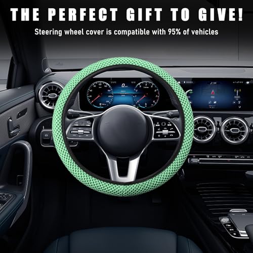 Wevdn Elastic Stretch Steering Wheel Cover, 15"×15" Microfiber Breathable Ice Silk Steering Wheel Protector, Anti-Slip Elastic Steering Wheel Cover for Men Women, Car Accessories (Green) - color: Green