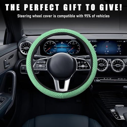 Wevdn Elastic Stretch Steering Wheel Cover, 15"×15" Microfiber Breathable Ice Silk Steering Wheel Protector, Anti-Slip Elastic Steering Wheel Cover for Men Women, Car Accessories (Green) - color: Green