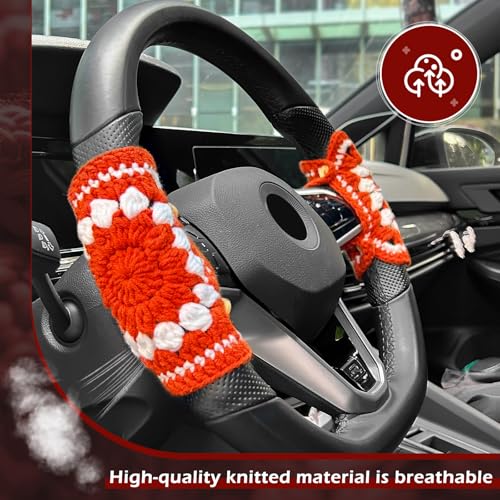 Crochet Steering Wheel Cover, Handmade Red Flower Crochet Fabric Soft Knitted Car Interior Accessories for Women, Cute Steering Wheel Decoration (Red)