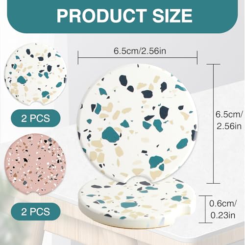 Absorbent Ceramic Car Cup Holder Coasters, 4 Pcs, White and Pink, 2.56 Inch Diameter, Round