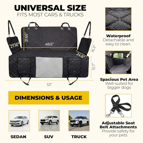 Pryze Dog Car Seat Cover for Back Seat with Mesh Window & Side Flaps | 100% Waterproof Dog Hammock for Cars Trucks & SUVs | 600D Heavy Duty Scratch Proof Nonslip | Easy Install & Machine Washable