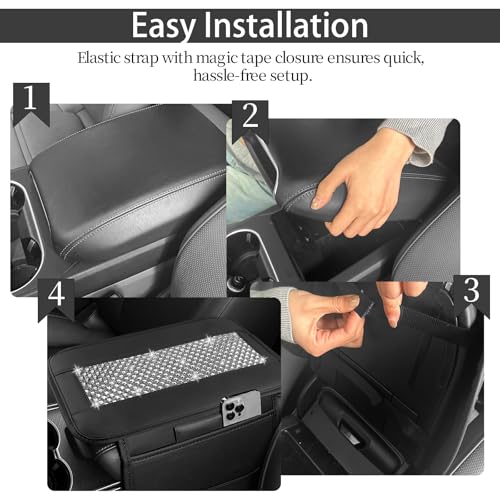 NBTEPEM Bling Car Armrest Cover, Universal Microfiber Leather Center Console Cover with 2 Pockets, Rhinestone Car Armrest Cushion Protector, Bling Accessories Interior (Silver Diamond) - color: Silver Diamond