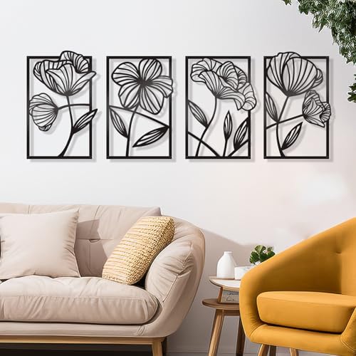 KOYILTD 4 Pcs Black Metal Wall Art Metal Flowers Wall Art Black Minimalist Line Art Wall Decor Room Decor Aesthetic Modern House Decor for Living Room Bedroom Bathroom Kitchen (Elegant)