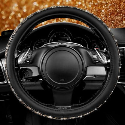 CAR PASS Bling Diamond Steering Wheel Cover Leopard Pattern, Sparkly Crystal Glitter Rhinestones Black Leather Wheel Protect for Women Girl Fit Suvs,Vans,Sedans,Cars,Trucks, 14" 1/2-15" Gold Leopard