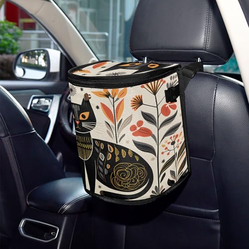 MNSRUU Car Trash Can with Lid, Black Cat Flowers Car Trash Bag Hanging Organizers and Storage for Front Back Seat, Leak-Proof Trash Bin - color: Cat I 3504