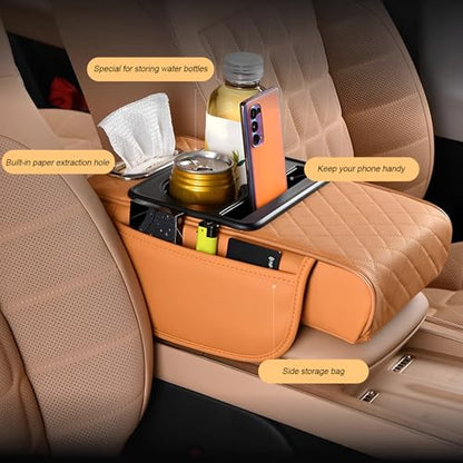 Car Center Console Armrest Pillow, Memory Foam Leather 4 in 1 Vehicle Arm Rest Cover with Tissue Box 2 Side Storage Bag Cup & Phone Holder, Auto Armrest Cushion, Universal Fit (Orange)