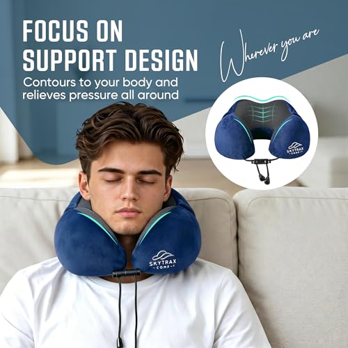 SkytraxComf® Travel Neck Pillow with Hood for Privacy on Long Flights | Memory Foam | Airplane Sleep | Safety-Tested Materials | Extra Large Hood | Chin Support | Earplugs | Washable Cover
