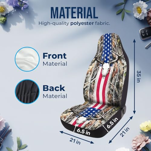 GENANY Hunting Car Seat Covers Set of 2, Deer Skull Breathable Front Seat Covers for Truck Sedan SUV, American Flag Car Accessories, Hunting Gift for Women Men - color: Deer Skull