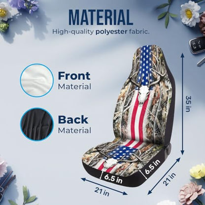 GENANY Hunting Car Seat Covers Set of 2, Deer Skull Breathable Front Seat Covers for Truck Sedan SUV, American Flag Car Accessories, Hunting Gift for Women Men - color: Deer Skull