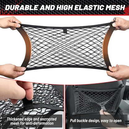 RED WOLF 2 Layer Small Mesh Cargo Net Elastic Storage Netting 2 Pcs Stretchable Car Organizer Net 14×10 Inch for Trunk RV Boats Home Auto Cargo Net Pocket with Screws and Hooks