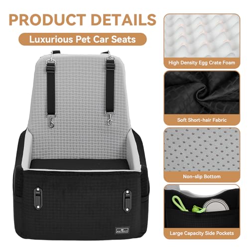 PETSFIT Dog Car Seat for Small/Medium Dogs Up to 35 lbs – Patented Safety System, 5" Memory Foam Pet Booster Car Seat, Fully Detachable and Washable Dog Carseat with 2 Storage Pockets (Black & Grey) - color: Black/Grey