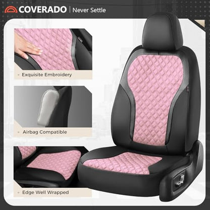 Coverado Car Seat Covers Full Set, Pink Car Seat Covers, Luxury Leather Car Seat Cover with Carbon Fiber Textured Design, Spill-Proof Seat Cushions, Automotive Seat Cover Universal Fit Most Cars - color: BlackPink, size: Full set