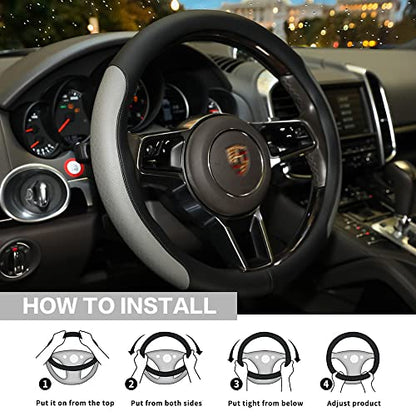 Steering Wheel Cover, Microfiber Leather Splicing with Classic Embossing,Contrasting Colors Anti-Slip Breathable Auto Car Steering Wheel Cover Fit 15 Inch Car Wheel Protector (Black&Gray) - color: Black&Gray