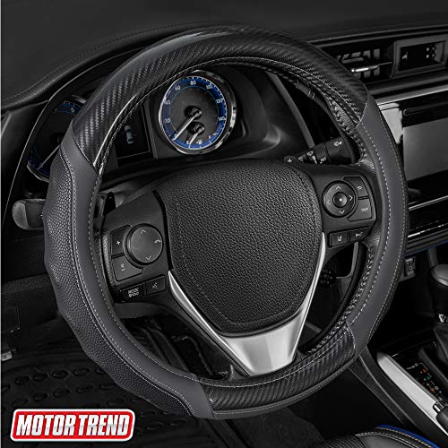 Motor Trend UltraSport Gray Carbon Fiber Steering Wheel Cover, Standard 15 inch Size, Black Faux Leather Comfort Grip, Car Steering Wheel Cover for Auto Truck Van SUV - color: Black & Gray UltraSport, size: Fits 14.5 - 15" SW