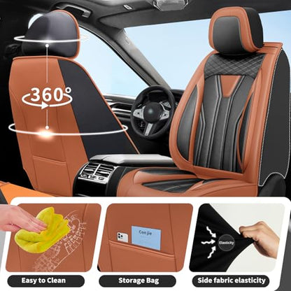 Fit Car Seat Covers Compatible with Honda Fit 2008-2018 2019 -Premium Leather，Waterproof Breathable，All-Weather Seat Cushion Protecto&Airbag Compatible (2 Front Seat Brown&Black)