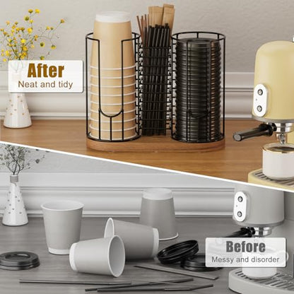 Coffee Cup Dispenser Rack with Wood Base, 18oz Cup Holder Organizer for Storing Paper Cups, Straws, Lids and Disposable Tableware(3-compartment) - color: Black 3-Compartment