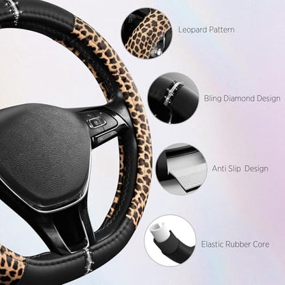 Road Comforts Leopard Steering Wheel Cover for Women, Cute Anti-Slip Microfiber Leather, Fits D Shape Flat Bottom Steering Wheel 14.5-15 Inch - Black - color: D Shape-Black