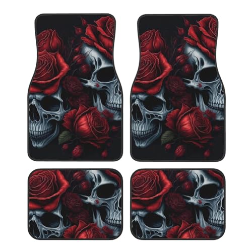 Red Roses Skull A Set of Four Printed Car Floor Mats, Including Front and Rear Carpet Floor Mats, Universal Car Floor Mats, and Truck Accessories