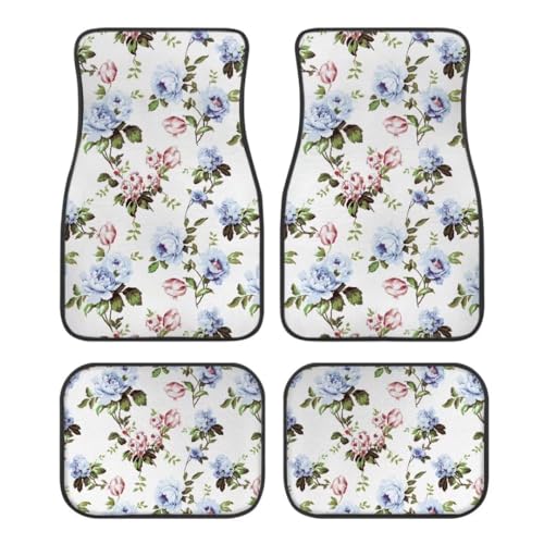 Light Blue Pink Flowers Print Floral Car Floor Mats Suitable for Cars SUVs Trucks,All Weather Front & Rear Automotive Floor Mats,Universal Fit Design，4 Pieces - color: LightBlue Pink Flowers