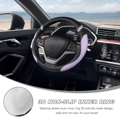Car Steering Wheel Cover, 15 Inch Premium Leather Breathable Non-Slip Wheels Wrap, Universal Auto Comfortable Steering Wheel Protector for SUV Truck Van, Car Accessories (Purple)