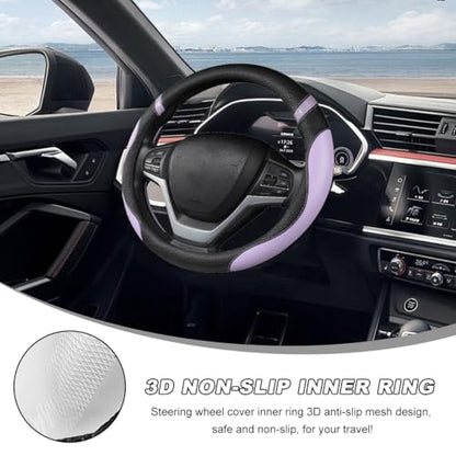 Car Steering Wheel Cover, 15 Inch Premium Leather Breathable Non-Slip Wheels Wrap, Universal Auto Comfortable Steering Wheel Protector for SUV Truck Van, Car Accessories (Purple)