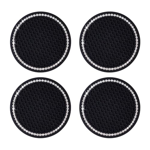 4 Pack Bling Car Cup Holder Insert Coasters Universal Bling Car Coaster with Rhinestone Crystal Car Cup Holder Coaster Auto Interior Accessories for Women 2.75 Inch Anti-Slip Car Cup Mat (Black)