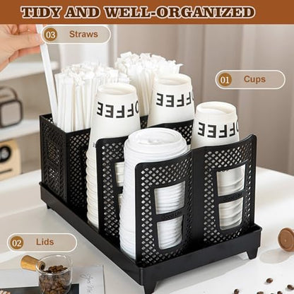 Cup and Lid Holder, Disposable Paper Cup Dispenser with Stand, 6 Slots Coffee Cup and Lid Storage Holder with Straw Organizer for Coffee Station Bar Office Home Countertop Breakroom Restaurant