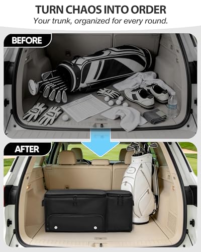 Golf Organizer for Car Trunk with Cooler, Anti-Sag Design, Ventilated Shoe Compartment, 2-Layer Storage Bag for Golf Accessories, Fits SUVs & Sedans - Black