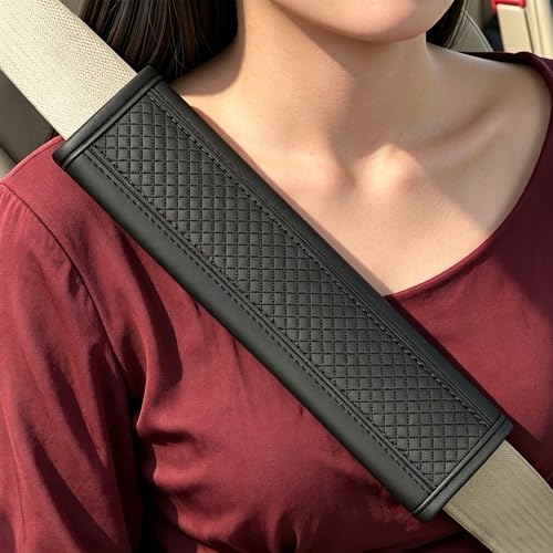Seat Belt Pads Leather Seat Belt Covers More Comfort Driving Cushion Helps Protect Your Neck and Shoulders Suit for Car, Truck, SUV, Airplane,Camera Backpack Straps-2Pcs - color: Black