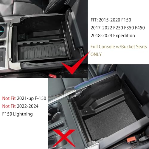 HGWEI Center Console Organizer Compatible with Ford F150 2015-2020, 2017-2022 F250 F350 F450, 2018-2024 Expedition Accessories, Insert Tray Armrest Storage Box, Full Console w/Bucket Seats ONLY, Black