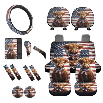 Highland Cattle Print Car Seat Cover Full Sets, Set of 16, American Flag Print Car Front Rear Seat Covers with Steering Wheel Cover Seatbelt Pads Armrest Pads Gear Shift and Handbrake Covers - color: Brown and White - Highland Cattle American Flag