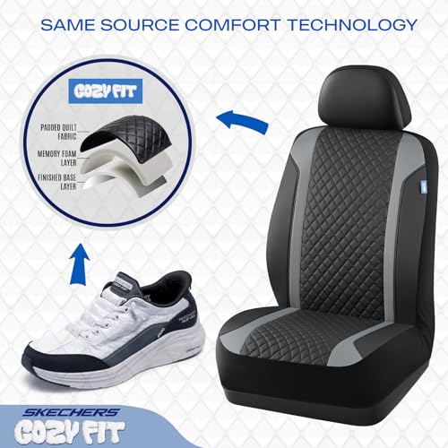 Skechers Seat Covers Contour Foam Cozy Fit,Leather Car Seat Covers, Car Seat Covers Front Seats Airbag Compatible, Universal Automotive Comfort for Most Cars, Vans, Trucks, SUV,Gray - color: Black and Gray