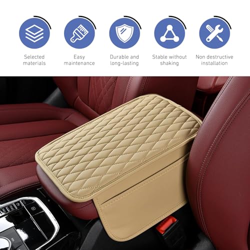 Car Center Console Cover, Upgrade Soft Skin-friendly Leather Arm Rest Cover for Car, Universal Anti-slip Scratch-resistant Armrest Mat with Side Storage Bags, for Trucks, Cars, SUVs (Beige) - color: Beige
