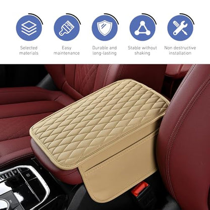Car Center Console Cover, Upgrade Soft Skin-friendly Leather Arm Rest Cover for Car, Universal Anti-slip Scratch-resistant Armrest Mat with Side Storage Bags, for Trucks, Cars, SUVs (Beige) - color: Beige