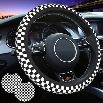 Checkered Steering Wheel Cover Checkered Black and White Steering Wheel Cover Checkereds Anti-Slip Breathable Universal for 14-15 Inch Car with 2 Pieces Car Coasters for Men Women - color: Checkered-Black and White