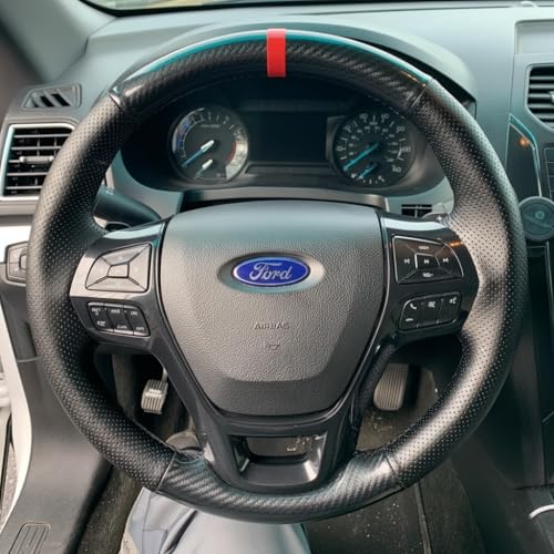 Steering Wheel Cover Hand-Stitch on Black Leather Gloss Carbon Fiber Protector Interior Steering Wheel Wrap for 2016 2017 2018 2019 Ford Explorer Base XLT Limited Platinum Sport