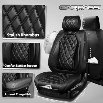 CAR PASS Luxury Nappa Leather Front Seat Covers, Waterproof Lumbar Support Seat Covers, Universal Anti Slip Seat Cushion Fit for Most Sedan SUV Truck Van, Armrest Airbag Compatible Rhomb Pure Black - color: black