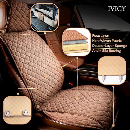 IVICY Faux Linen Front Car Seat Cover – Non-Slip Bucket Seat Protector for Most Cars, SUVs, Vans & Trucks – 1 Seat Cover, Machine Washable, Side-Airbag Friendly, Light Brown - color: BROWN HYB LN