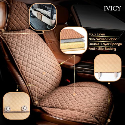 IVICY Faux Linen Front Car Seat Cover – Non-Slip Bucket Seat Protector for Most Cars, SUVs, Vans & Trucks – 1 Seat Cover, Machine Washable, Side-Airbag Friendly, Light Brown - color: BROWN HYB LN
