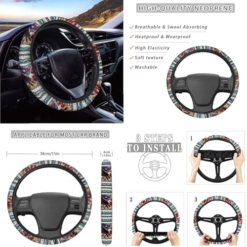 Wanyint Car Seat Covers Front Rear Full Set Steering Wheel Seat Belt Pads Coasters Waste Bin Armrest Pad Cup Holders Rearview Mirror Handbrake Cover Set, 14 Pack, Aztec Eagle American Flag - color: Aztec Eagle American Flag