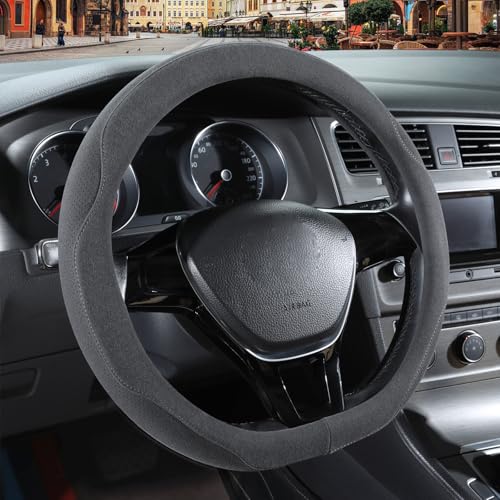 Gray Suede D Shaped Steering Wheel Cover, Breathable Non-Slip Sweat-Proof Wear-Resistant No Pilling, Warm in Winter and Cool in Summer, Universal 15 inch - color: Gray, size: D Shape-M[14.5''-15'']