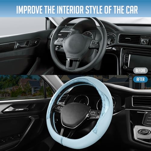 PIC AUTO Steering Wheel Cover, Light Blue Patterned Leather Patchwork Design, Universal Fit 14.5"–15.5" D-Shape Steering Cover, Soft PU Grain Leather, Durable Grip Car Accessory for Girls & Women - color: Fits D-Shape Light Blue