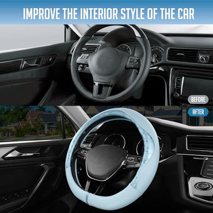 PIC AUTO Steering Wheel Cover, Light Blue Patterned Leather Patchwork Design, Universal Fit 14.5"–15.5" D-Shape Steering Cover, Soft PU Grain Leather, Durable Grip Car Accessory for Girls & Women - color: Fits D-Shape Light Blue