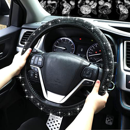 Bling Steering Wheel Cover, Crystal Rhinestone Diamond Steering Cover Universal Fit 15 inch Car Steering Wheel Protector for Women & Girl (Black)