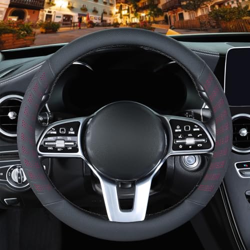 3D Premium Skin-Feel Leather Small Car Steering Wheel Cover, Anti-Slip Breathable Soft Slim Design, 13.5 inch to 14 inch, Black with Red - color: Black with Red, size: Round-Small[13.5''-14'']