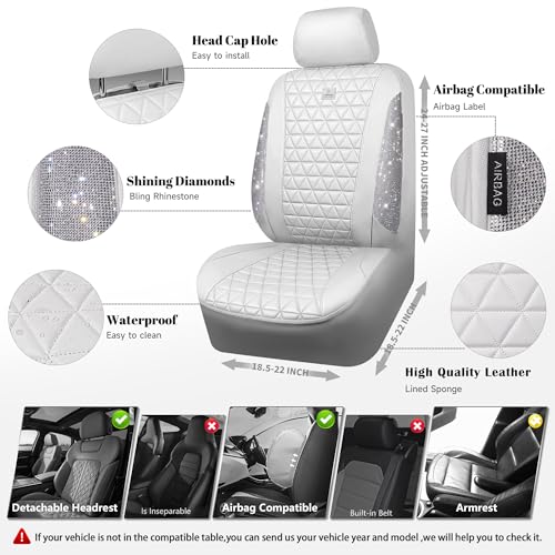 CAR PASS All White Bling Diamond Leather Car Seat Covers Full Sets,Waterproof Shining Glitter Sparkly Crystal Universal Fit for Automotive Truck SUV Cute Women Girl Airbag Compatable,Sliver Rhinestone - color: All White Rhinestone, size: Full Set